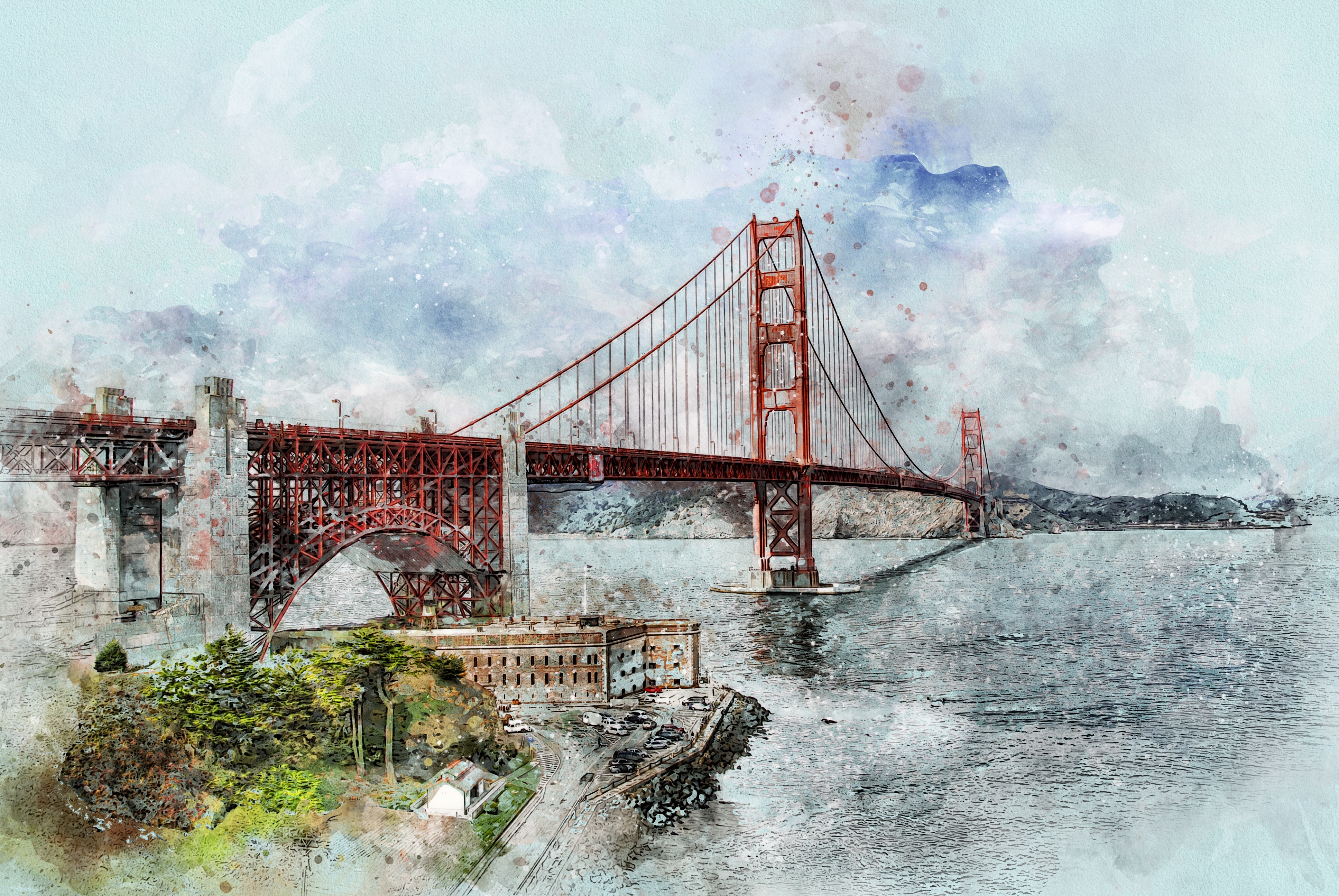 Картина мост. Золотой мост США акварель. Урбанистический пейзаж Сан Франциско. Мост Сан Франциско акварель. Сан Франциско достопримечательности акварелью.